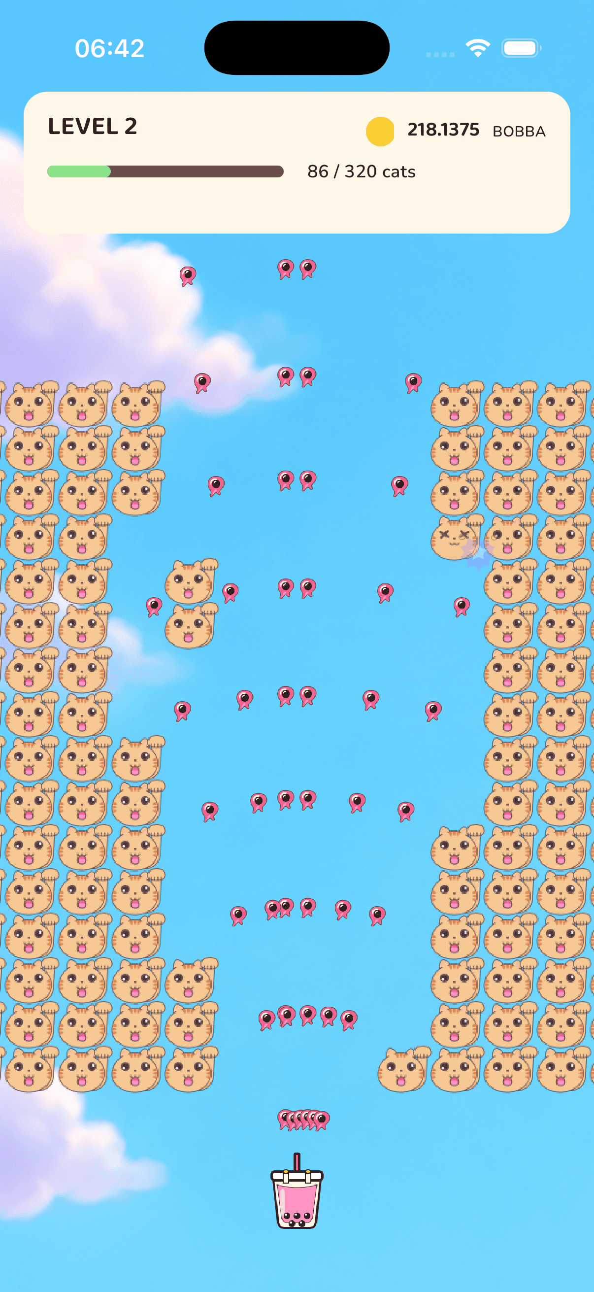 Development build: a pink bubble-tea ship facing colourful cat blocks